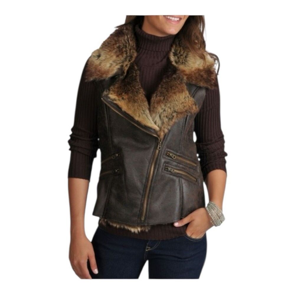 Members‎ Only Women's Natalie Vegan Faux Fur Asymmetrical Zip Moto Vest Large